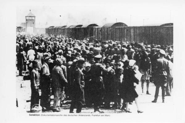 Seconda guerra mondiale - Nazismo - Polonia - Campo di concentramento di Auschwitz-Birkenau - Banchina della stazione - Arrivo e smistamento di ebrei dall'Ungheria - Deportazione - Treno con vagoni carro bestiame - Kanada Kommando - SS in divisa / In lontananza porta di ingresso del campo di concentramento con torretta