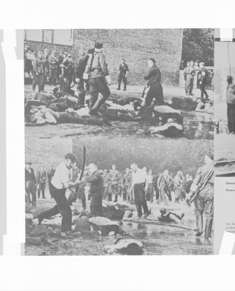 Seconda guerra mondiale - Lituania, Kaunas (Kowno) - Occupazione tedesca - Fucilazione / eccidio di ebrei in piazza - Uomini a terra - Polizia tedesca in divisa - Nazismo