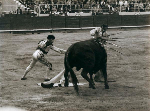 Spagna - Barcellona - Monumental de Barcellona, arena - Corrida - Tercio de muleta - Torero con spada - Banderillero - Toro con banderillas - Spettatori sullo sfondo