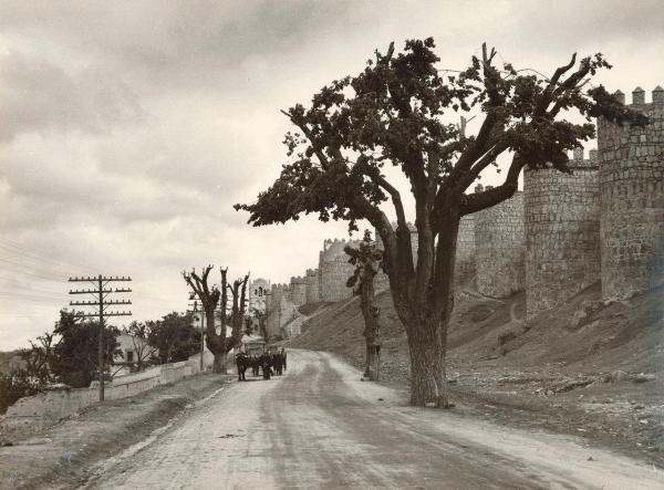 Spagna - Avila - Strada - Mura - Fortificazione - Torri semicircolari - Alberi - Carro a trazione animale