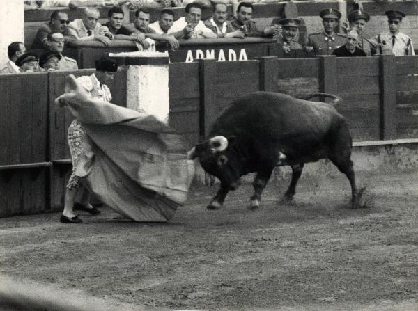 Spagna - Madrid - Las Ventas, arena - Corrida - Torero con cappa - Toro con banderillas - Spettatori