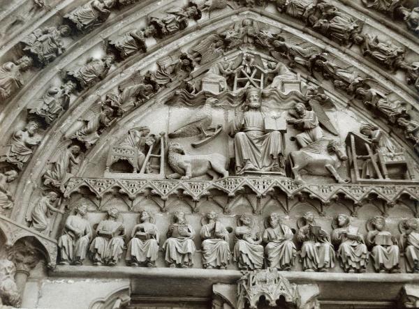 Scultura - Cristo in maestà e gli evangelisti allo scrittoio (XIII sec., secondo quarto) - Maestro di Sarmental (?) - Spagna - Burgos - Cattedrale - Puerta de la Sarmental, portone a sud, transetto - Timpano, archivolto