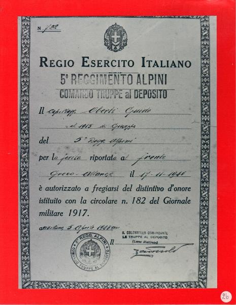 Seconda Guerra Mondiale - attestato d’onore - Guido Oberti Caporale Maggiore