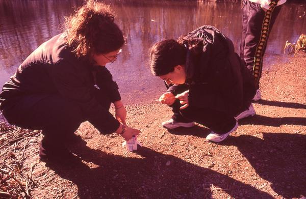 Sesto San Giovanni - Parco Nord, settore Montagnetta - Laghetto artificiale Suzzani - Studenti di una scuola secondaria analizzano l'acqua del laghetto Suzzani raccolta in una provetta - Attività didattica - Educazione ambientale