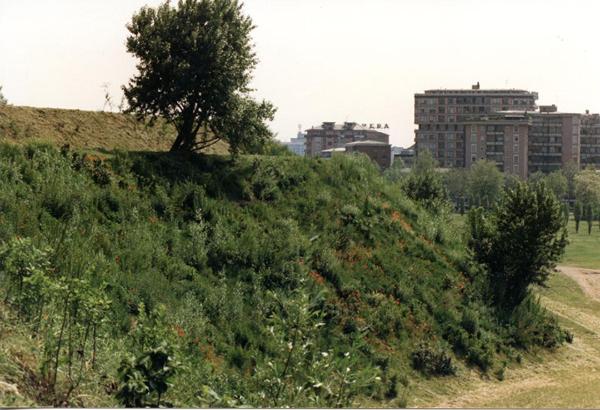 Sesto San Giovanni - Parco Nord, settore Montagnetta - La Montagnetta dopo i lavori di risanamento - Sullo sfondo palazzi su viale Fulvio Testi e insegna con la scritta "Breda"