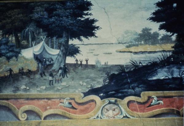 Sesto San Giovanni - Parco Nord, settore Torretta - Villa Torretta, interno - Salone dei Paesaggi - Affresco danneggiato alle pareti - Dipinto esotico - Maschera antropomorfa - Crepe