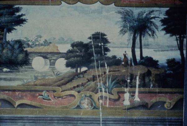 Sesto San Giovanni - Parco Nord, settore Torretta - Villa Torretta, interno - Salone dei Paesaggi - Affresco danneggiato alle pareti - Veduta di paesaggio - Isola, ponte, lago - Maschera antropomorfa - Crepe