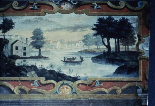 Sesto San Giovanni - Parco Nord, settore Torretta - Villa Torretta, interno - Salone dei Paesaggi - Affresco danneggiato alle pareti - Veduta marina - Maschera antropomorfa - Crepe