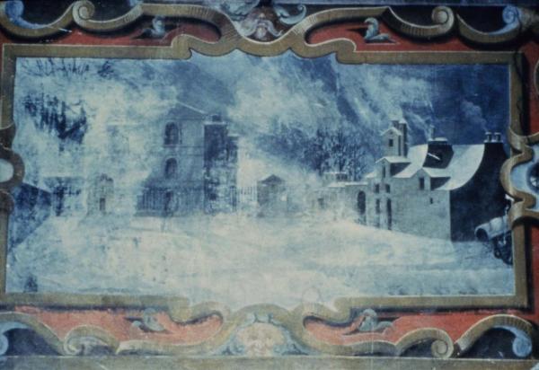 Sesto San Giovanni - Parco Nord, settore Torretta - Villa Torretta, interno - Salone dei Paesaggi - Affresco danneggiato alle pareti - Veduta di città - Maschera antropomorfa - Crepe e graffi