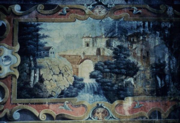 Sesto San Giovanni - Parco Nord, settore Torretta - Villa Torretta, interno - Salone dei Paesaggi - Affresco danneggiato alle pareti - Veduta di paesaggio - Ponte sul fiume, edifici - Maschera antropomorfa - Crepe