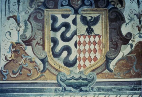 Sesto San Giovanni - Parco Nord, settore Torretta - Villa Torretta, interno - Salone degli Stemmi - Affresco danneggiato alle pareti - Stemma gentilizio della famiglia Marino, Grimaldi - Maschera antropomorfa - Decorazioni