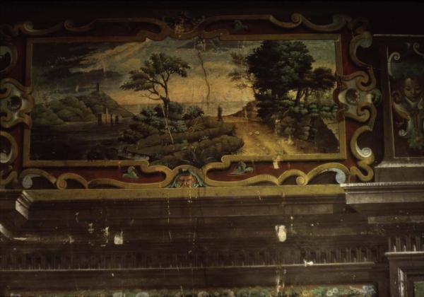 Sesto San Giovanni - Parco Nord, settore Torretta - Villa Torretta, interno - Salone dei Paesaggi - Affresco danneggiato alle pareti - Veduta marina - Maschera antropomorfa - Crepe