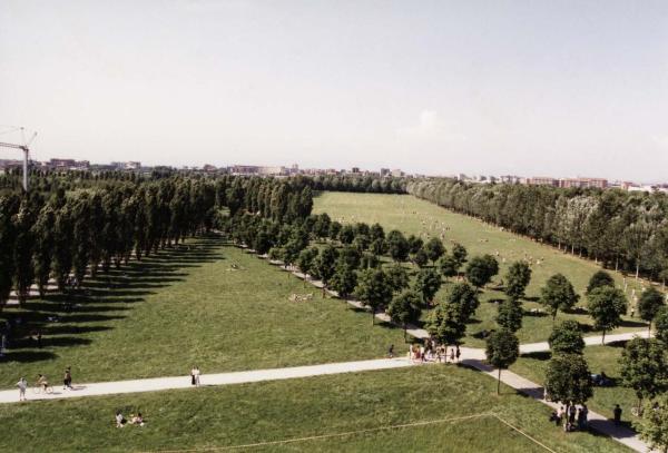 Cinisello Balsamo - Parco Nord, settore Est - Veduta dall'alto dalla mongolfiera - Prato antistante la Cascina Centro Parco - Filare Cannocchiale degli ippocastani - Filare dei pioppi cipressini - Percorsi ciclopedonali - Boschi - Persone al parco / Sullo sfondo ospedale Bassini e palazzi di Cinisello Balsamo