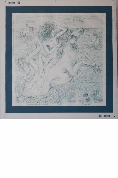 Il soggetto al centro è una donna nuda a cavallo di un animale marino con busto di cavallo. A contorno altre due figure femminili a cavallo di simili animali, in un contesto marino, con conchiglie ed altri particolari