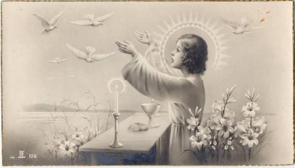 Gesù ragazzo all'altare tra gigli e colombe.
