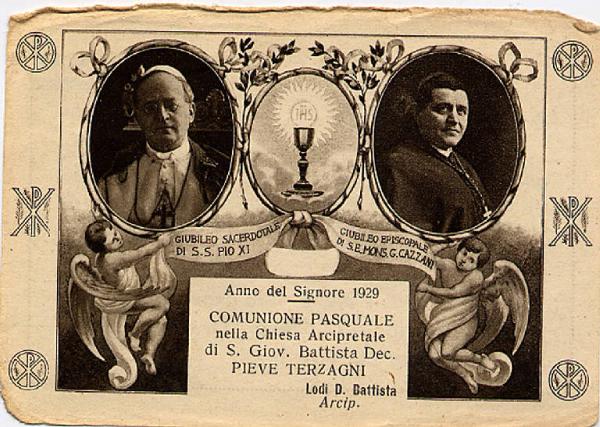 SS Pio XI S.E. Mons. G. Gozzani Comunione pasquale Pieve Terzagni 1929.