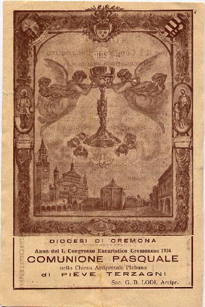 Piazza della Cattedrale di Cremona.Anno del Primo Congresso Eucaristico Diocesano Cremonese 8-9-10-11 Maggio 1924.Comunione Pasquale-Pieve Terzagni.