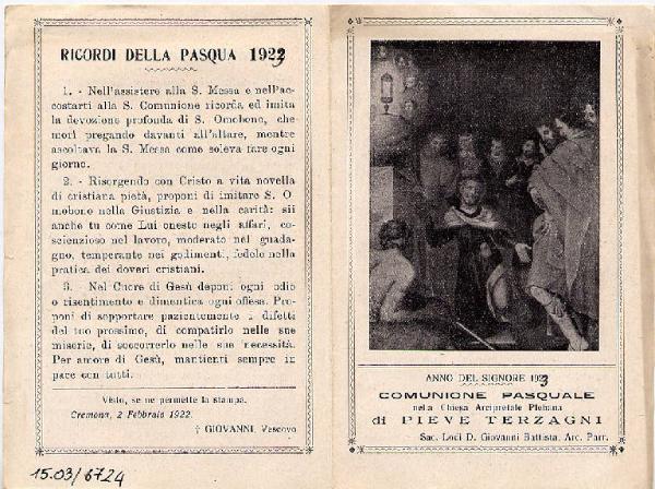 Pieghevole.Anno del Signore, 1922 (All'epoca correttetto in 1923), Comunione Pasquale.Pieve Terzagni.