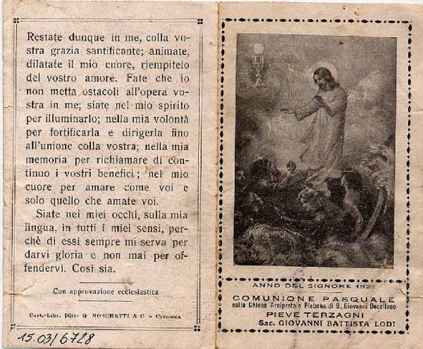 Pieghevole.Gesù che cammina sulle acque.Anno del Signore,1921.Comunione Pasquale.Pieve Terzagni.