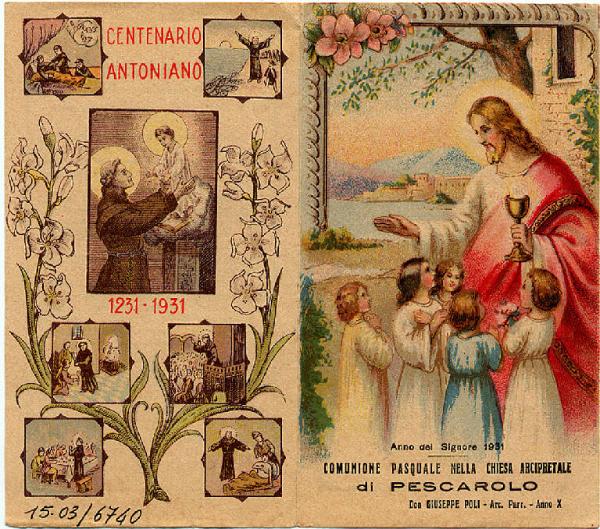 Pieghevole.Gesù e i fanciulli.Anno del Signore,1931. Comunione Pasquale nella chiesa arcipretale di Pescarolo.