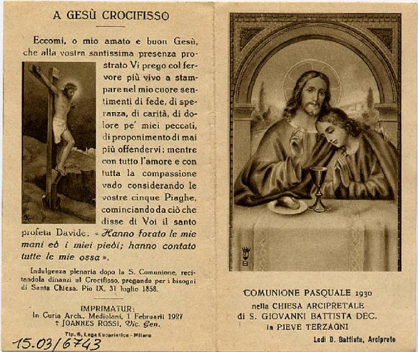 Pieghevole.Gesù Eucaristico.Comunione Pasquale 1930. Pieve Terzagni.