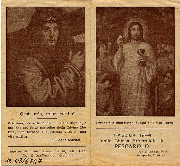 Pieghevole,Gesù Eucaristico,Pasqua 1944 in Pescarolo.