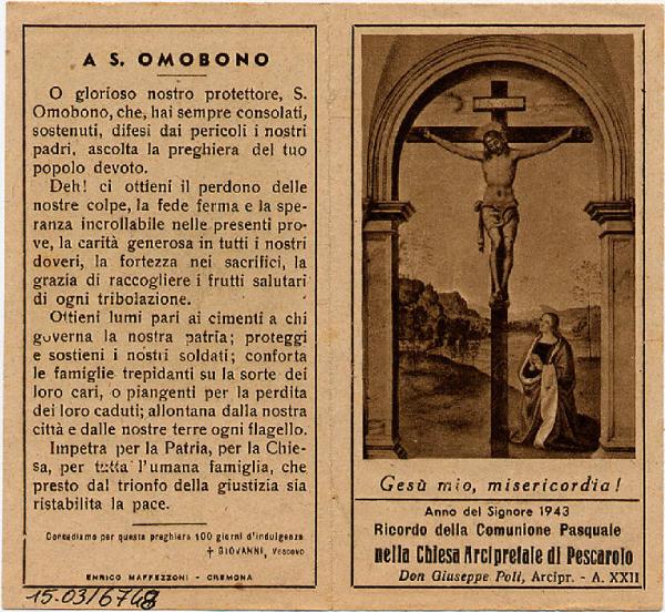 Pieghevole,Gesù Crocifisso-Anno del Signore 1943-Comunione Pasquale, Pescarolo.