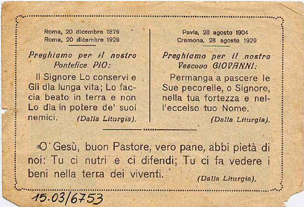Giubileo Sacerdotale di S.S. PIO IX,Giubileo Episcopale di S.E.Mons. G.Gazzani-Anno del Signore 1929-Comunione Pasquale-Pescarolo.