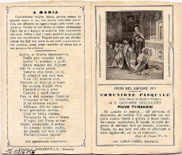 Pieghevole-Gesù Eucaristico-Comunione Pasquale-Anno del Signore 1911-Pieve Terzagni.