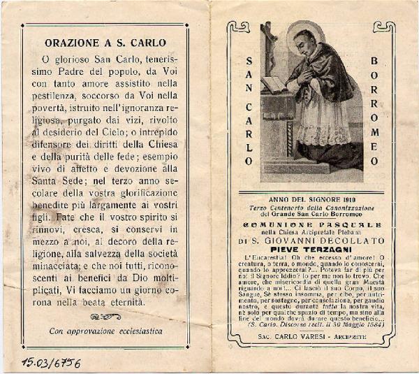 Pieghevole-S.Carlo Borromeo-Comunione Pasquale,Pieve Terzagni- Anno del Signore 1910.