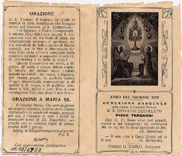 Pieghevole-S. Tabernacolo-Anno del Signore 1909-Comunione Pasquale-Pieve Terzagni.