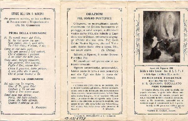 Pieghevole-Maria S.S. di Lourdes-Comunione Pasquale-Pieve Terzagni-Anno del Signore 1908.
