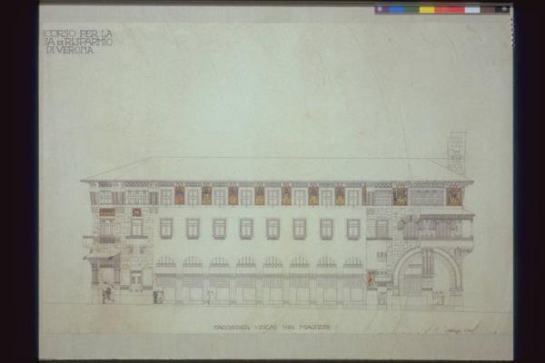 Nuova sede della Cassa di Risparmio di Verona. Prospetto principle. Facciata verso via Mazzini