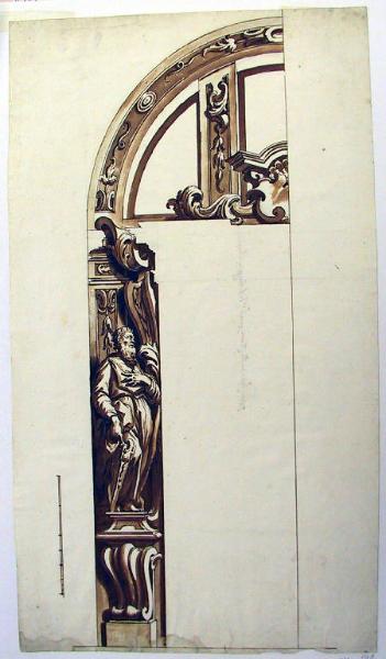 Cornice architettonica con motivi decorativi e figure per una cappella della chiesa ad Albosaggia