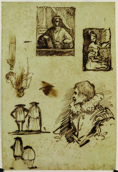 Studi per un ritratto maschile e uno femminile; Torquato Tasso (?); tre coppie di figure