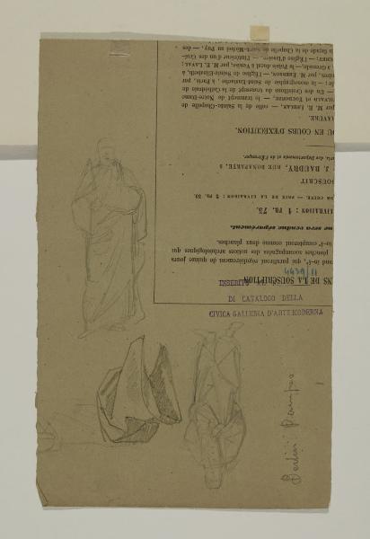 Particolare di panneggio e schizzo di due figure maschili