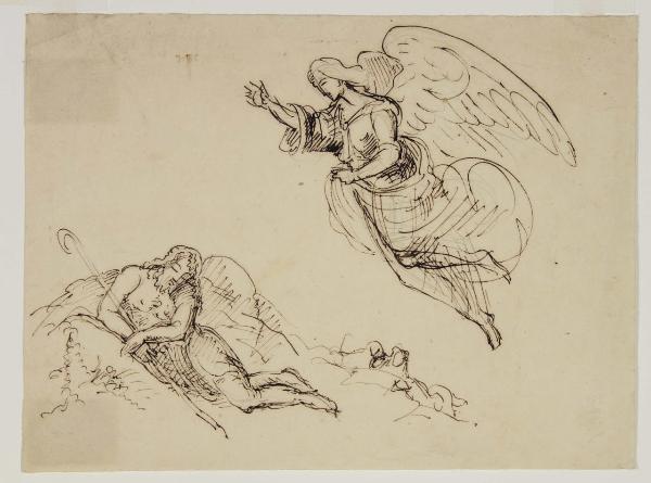 Apparizione di un angelo a una figura maschile dormiente nel deserto