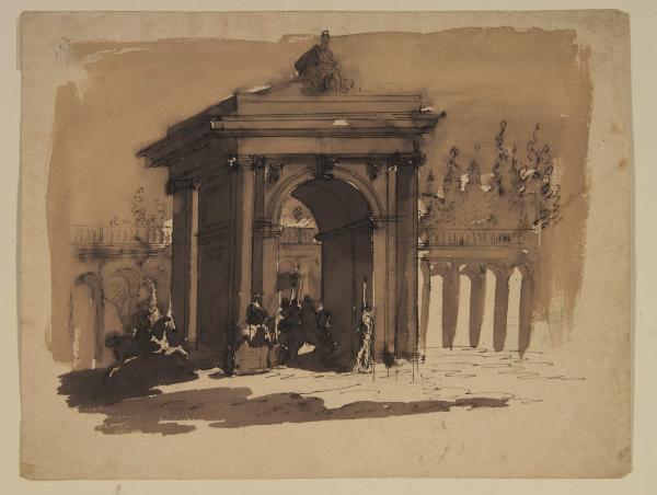 Arco trionfale a un fornice attraversato da armigeri a cavallo