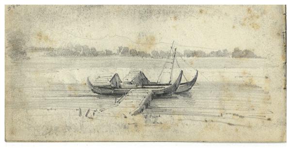 Corso d'acqua con barche (Taccuino di viaggio di Giacomo Ulisse Borzino)