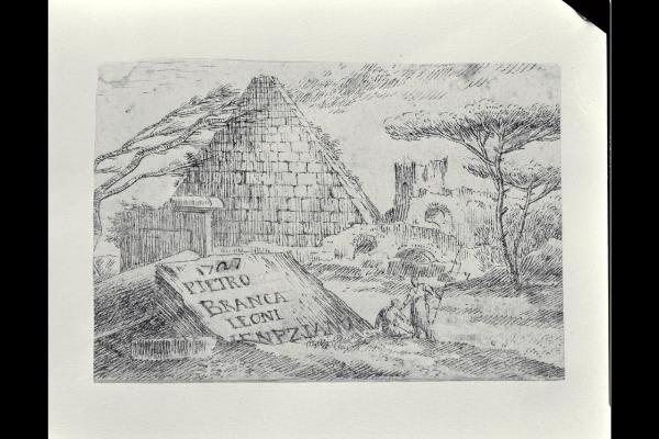 Paesaggio con rovine e piramide