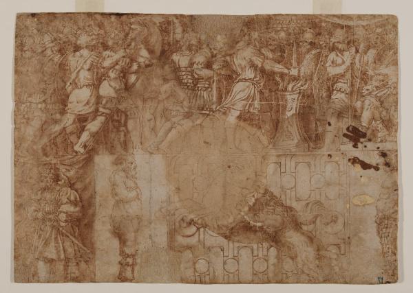 Fregio con episodi militari (Muzio Scevola condotto davanti a Porsenna e Muzio Scevola davanti a Porsenna brucia la mano destra)/ Due cariatidi/ Cavallo sbranato da un leone