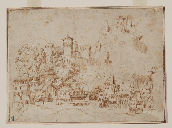 Paesaggio con borgo e due castelli