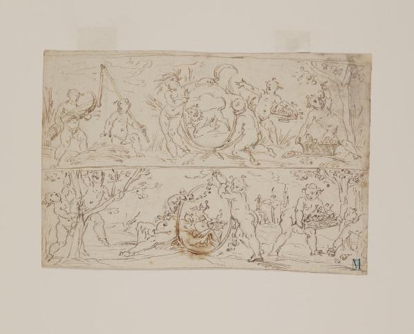 Mese di agosto, col segno del Leone: putti che mietono il grano e raccolgono frutti/ Mese di settembre, col segno della Vergine: putti che raccolgono frutti