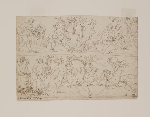 Mese di ottobre, col segno della Bilancia: putti con piatti di frutta e cornucopie/ Mese di novembre, col segno dello Scorpione: putti che pestano l'uva nel tino, bevono da fiaschi, sputano, e putto mictans