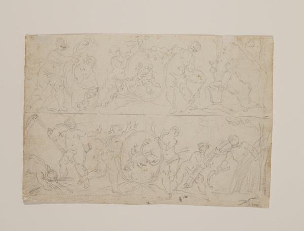 Mese di giugno, col segno dei Gemelli: putti con ghirlande di fiori/ Mese di luglio, col segno del Cancro: putti che mietono il grano