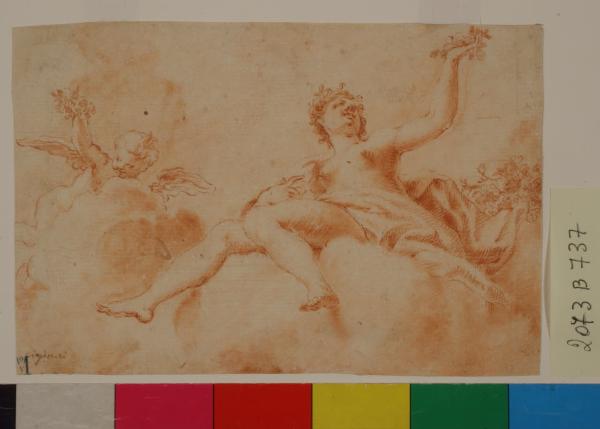 Figura femminile e putto alato sulle nubi che spargono fiori
