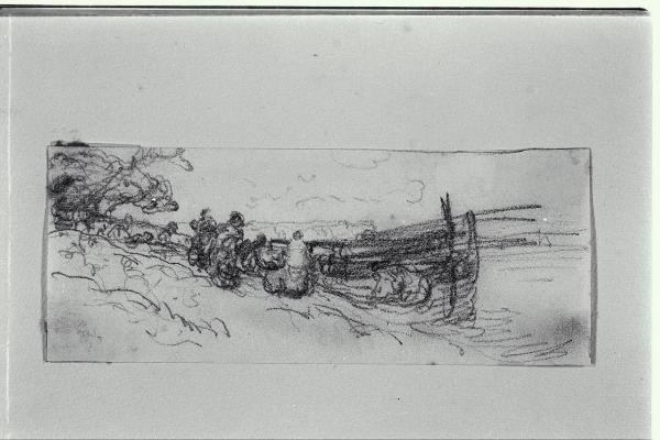 Schizzo di paesaggio con figure sulla riva