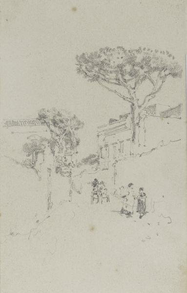 Paesaggio alberato con architetture e figure