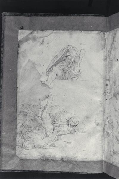Figura di scorcio avvolta in un mantello; due figure di scorcio distese a terra