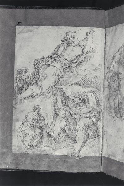 Angelo in volo; Vergine annunciata; figura maschile nuda di scorcio che si avvolge in un mantello